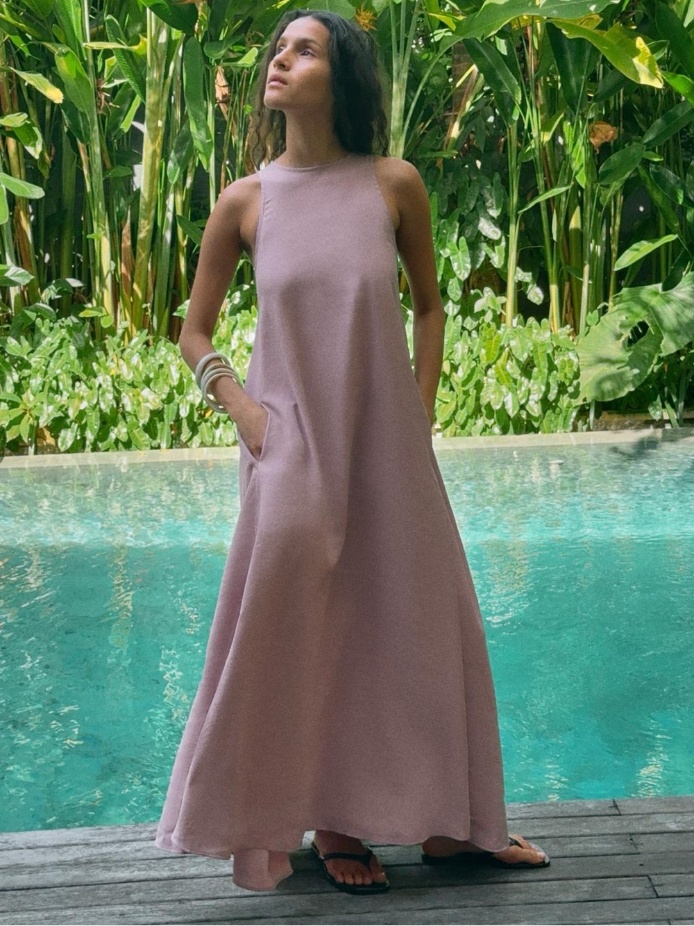 ZARA DUSTY MAUVE FLOWY MAXI DRESS S NWT